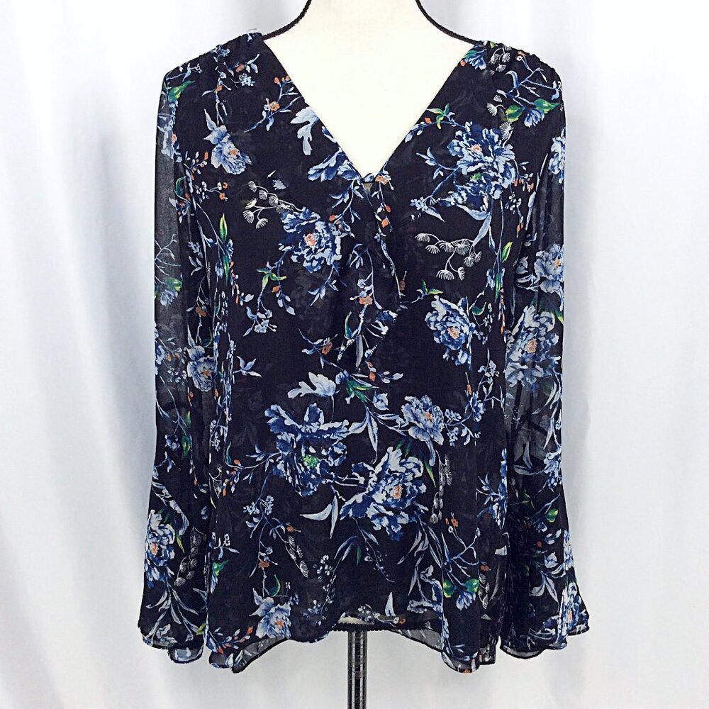 WHBM White House Black Market Floral Top Womens Size 8 Ruffle Bell Sleeve Blue‎
